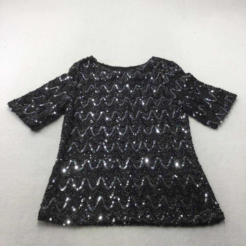 Vintage Teddi Of California Blouse Womens Medium Black Sequin Tunic Bell Sleeve